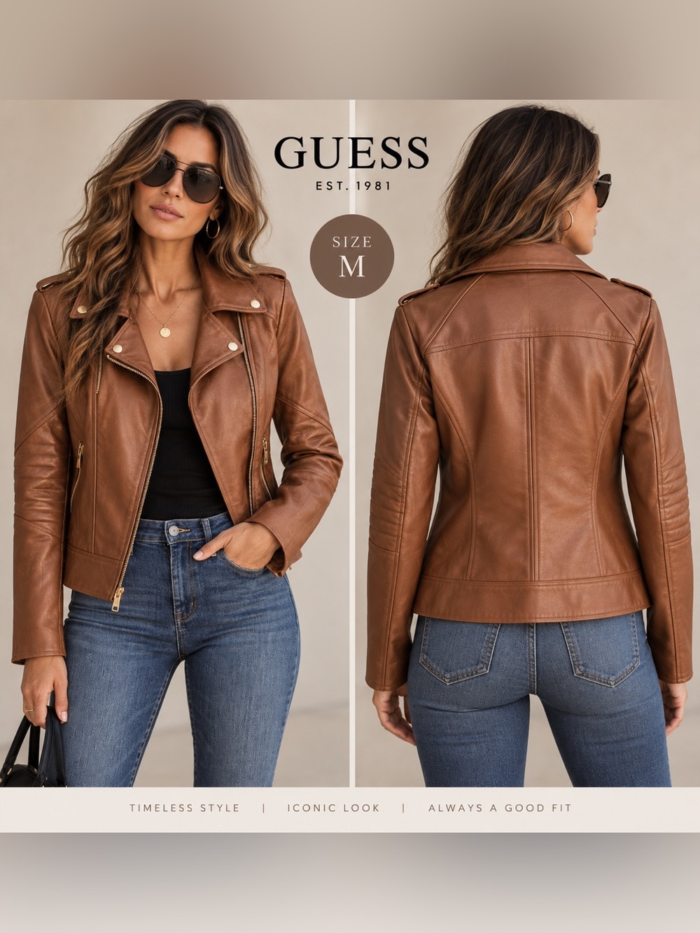 GUESS Cognac Faux Leather Moto Jacket – Size M